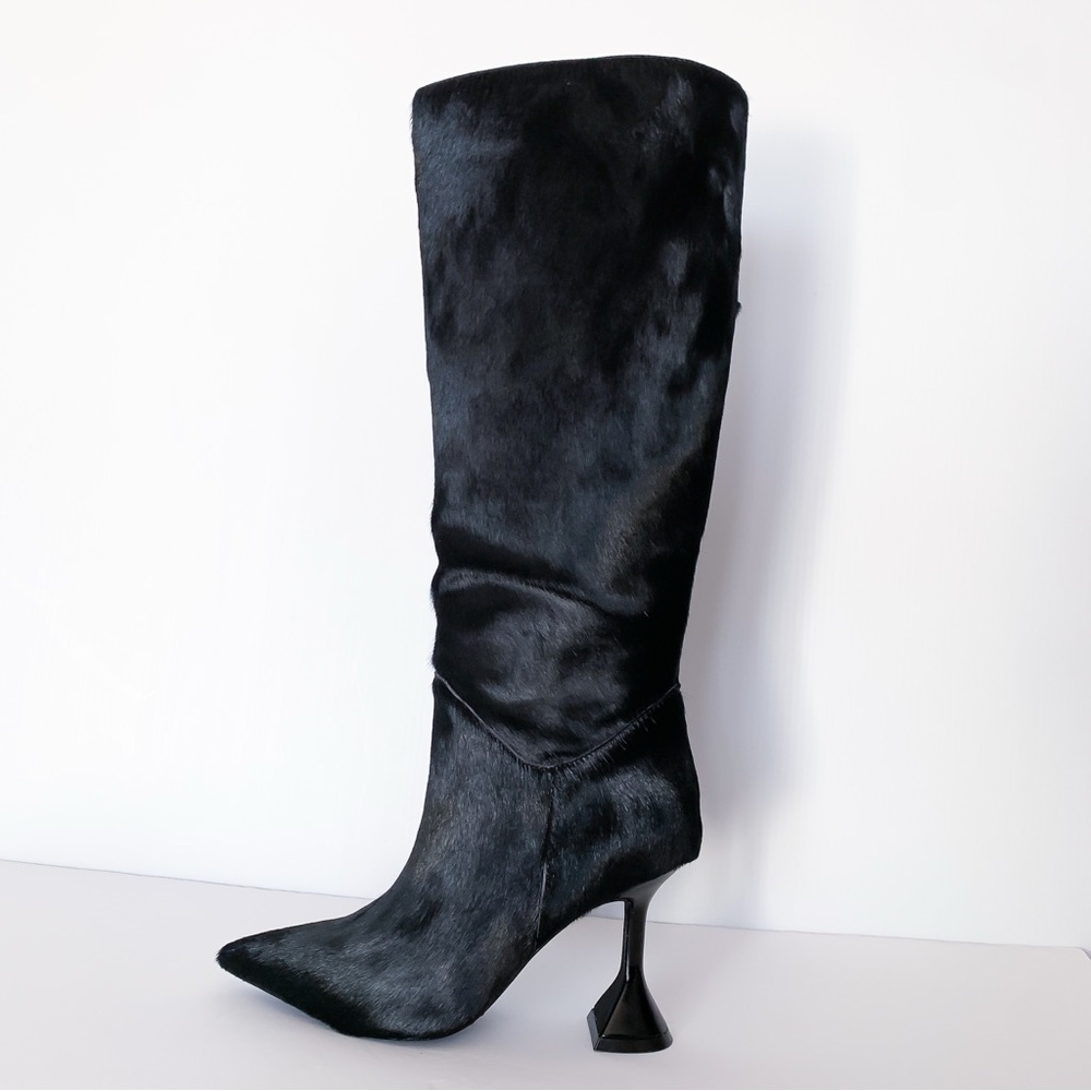 JEFFREY CAMPBELL Entity Genuine Calf Hair Knee High Boots, Black Size 7.5 NWT